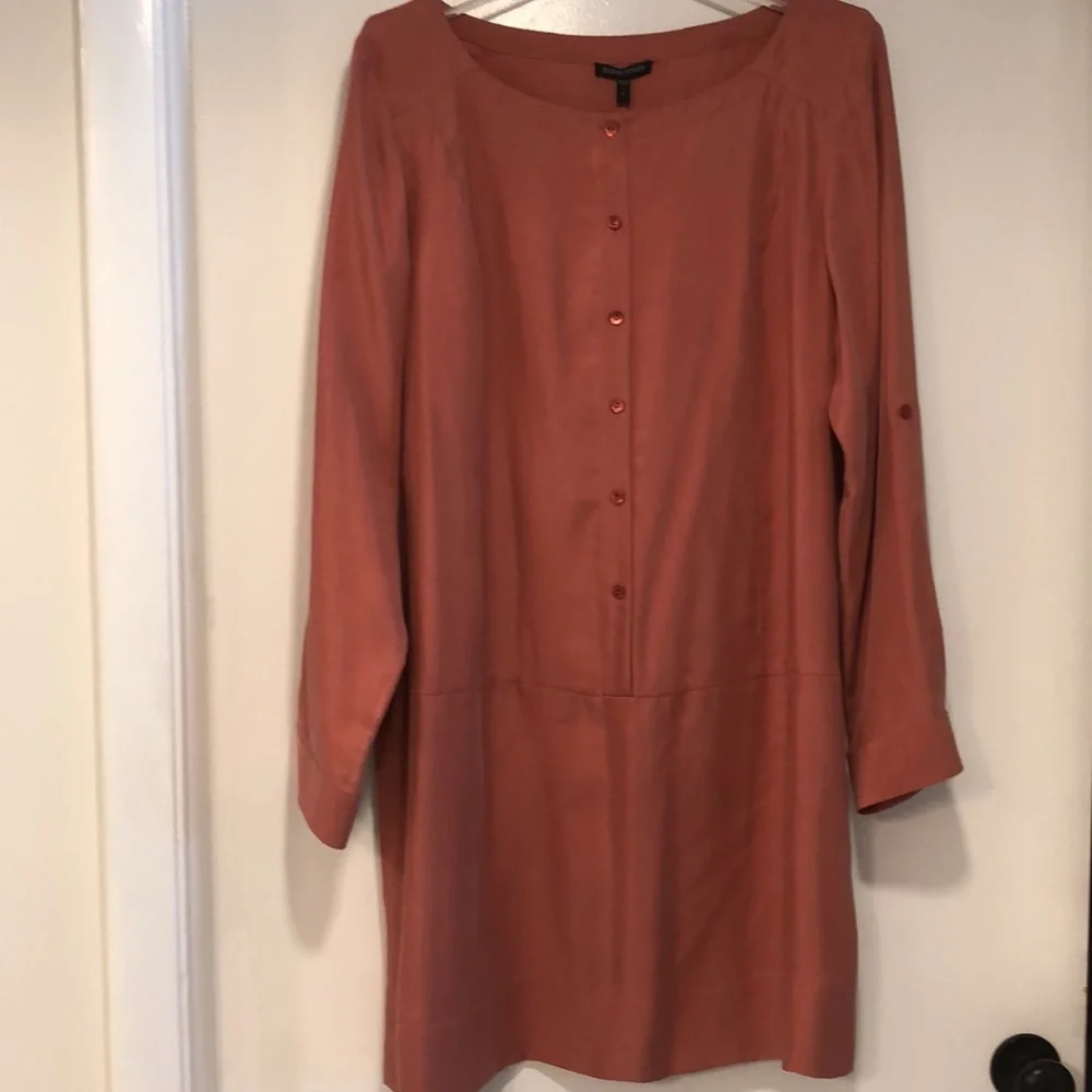 EILEEN FISHER SILK TWILL SHIRT DRESS in Coral NWT sz L - Picture 3 of 11